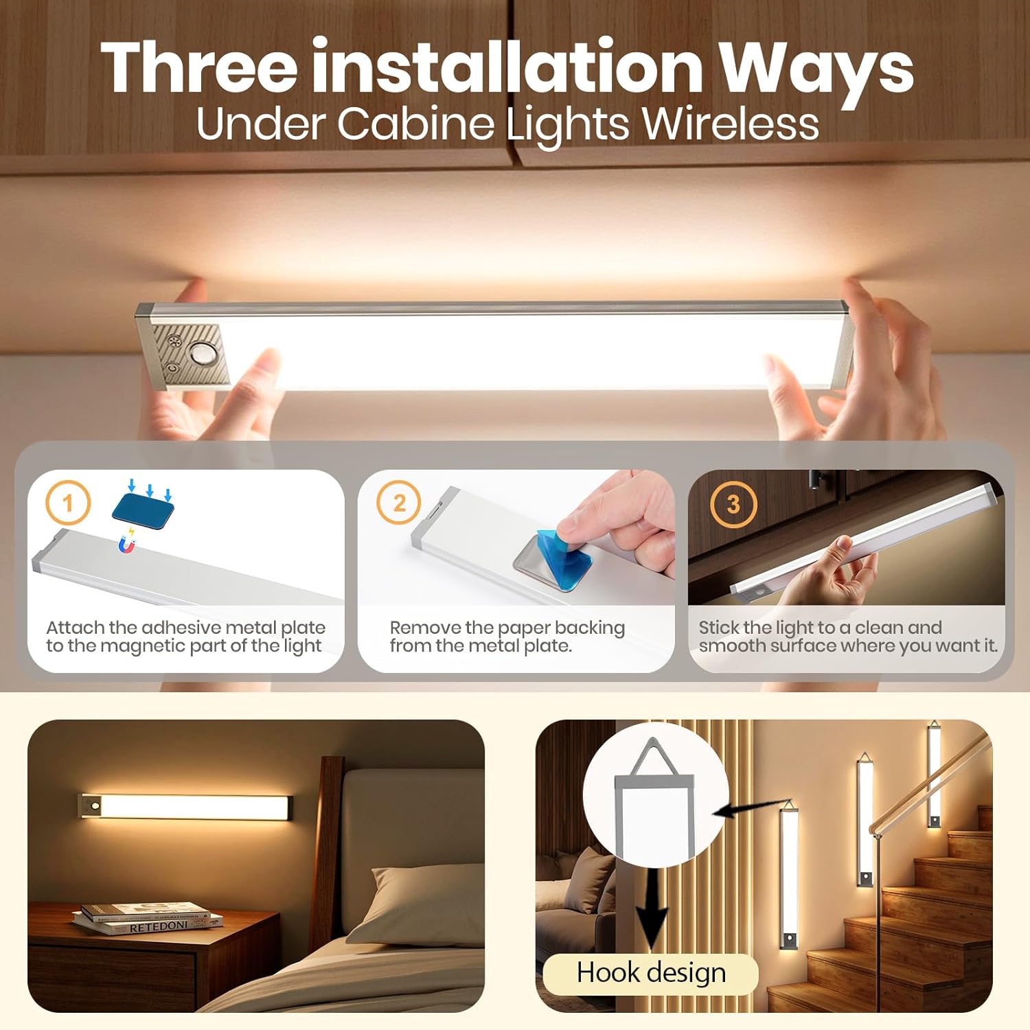 13.5Inch Under Cabinet Lighting, 3200mAh Under Cabinet Lights Motion Sensor 3 Color, Rechargeable 118LED Magnetic Light Bar Indoor,Wireless Battery Operated Closet Lights for Kitchen Home Stairs,2Pack