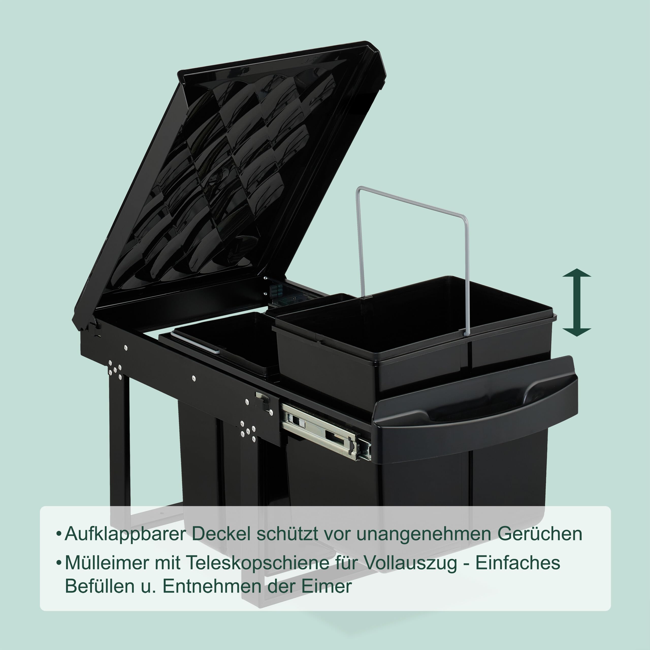 Relaxdays Einbaumülleimer, 3 Fächer, 20l, 2x 10l, HBT: 41,3 x 34 x 51,8 cm, ausziehbar, Müllsystem Unterschrank, schwarz