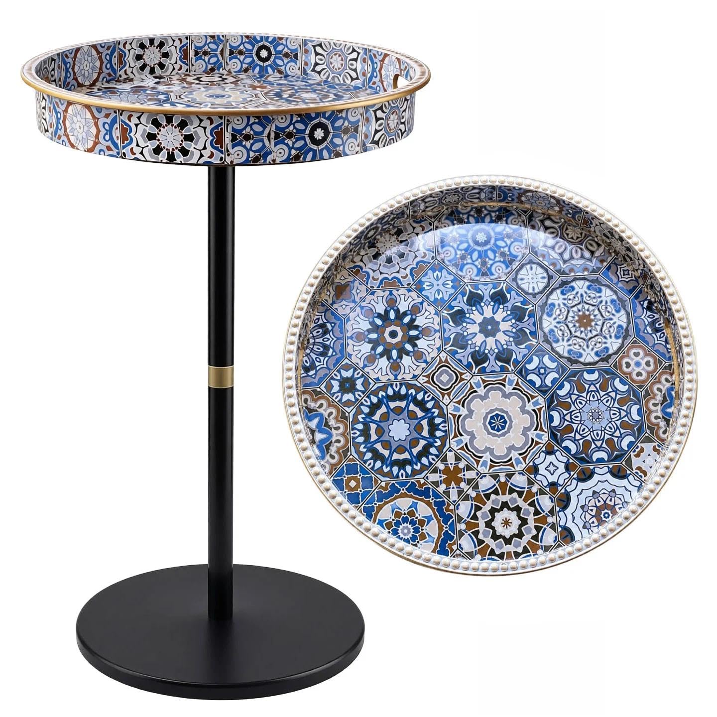 Simmer Stone Boho 33cm End Table Round Side Table with Deep Tray Top Gold-Trim Pedestal Mosaic Accent Stand for Living Room corner Small Space Furniture, Drink Stand, Bohemian Nightstand Blue