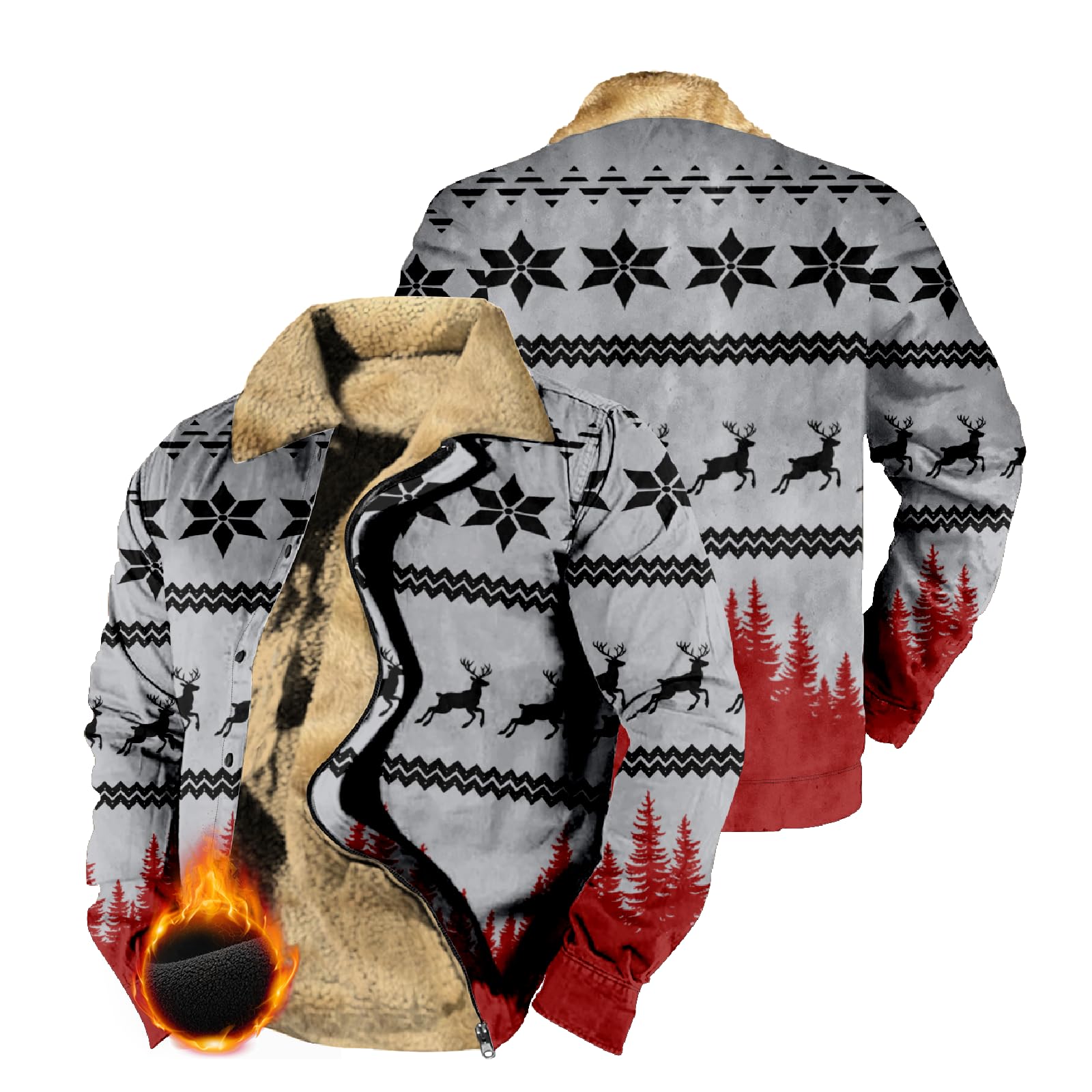 MARSVOVO Christmas Jacket for Men Zip Up Warm Fleece Lined Fall Winter Coats Casual Stylish Fitted Jackets with