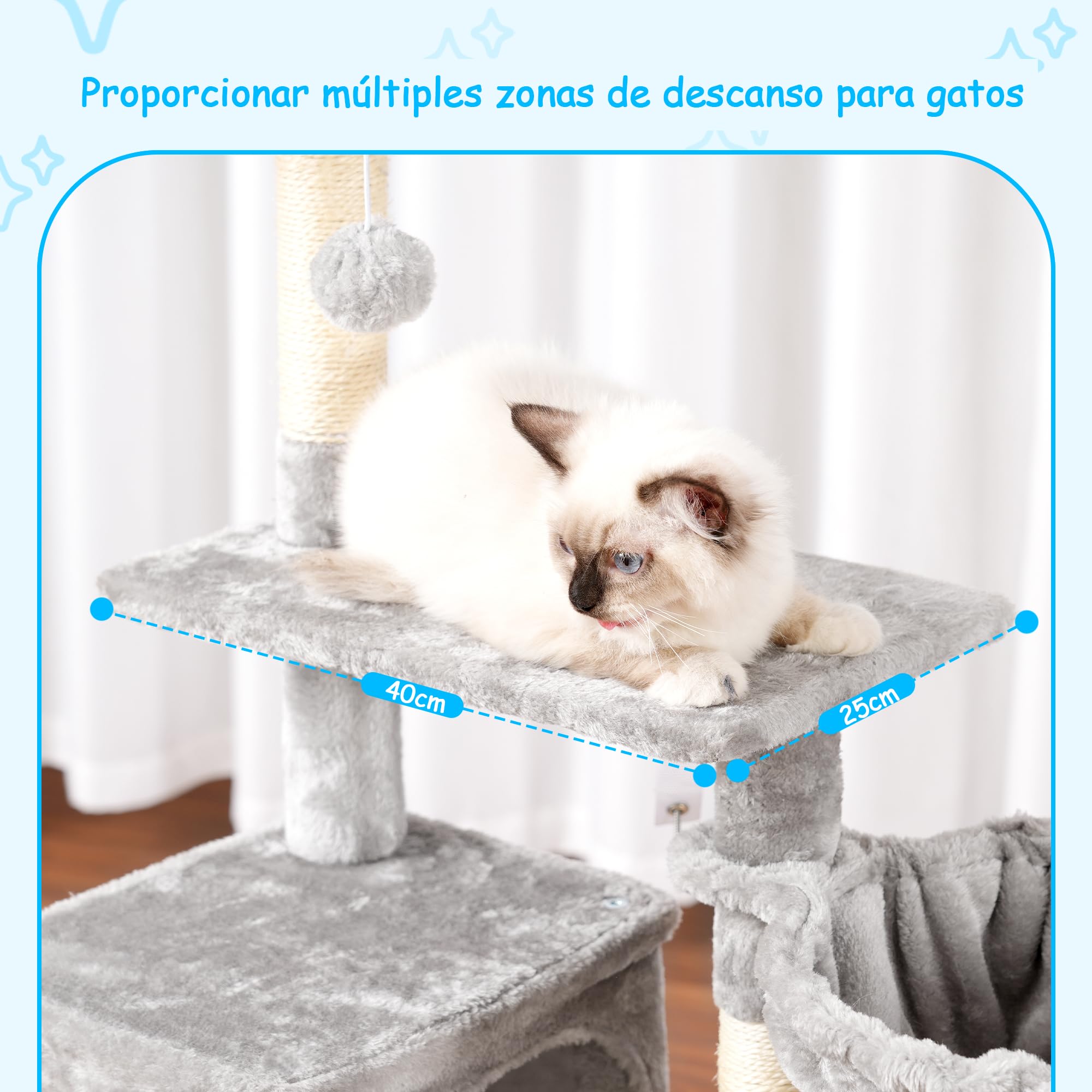 Hey-brother Árbol rascador para gatos, 108 cm, para interiores, varios pisos para gatitos, con columnas para rascar, rampa, cesta, espacioso agujero para gatos y juguete con pompón colgante, gris