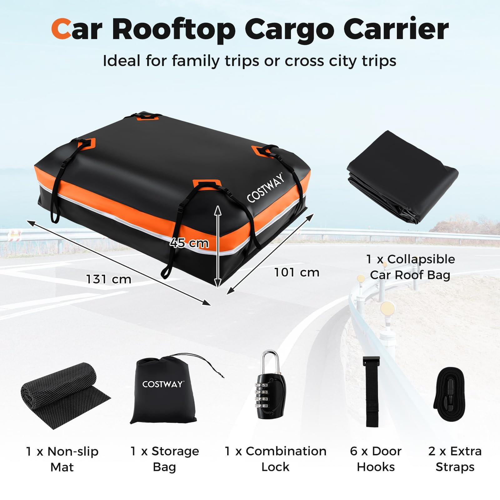 FANTASK 600 L Auto Dachbox, Dachtasche wasserdicht mit Anti-Rutsch-Matte, 6 Türhaken, Schloss & Tragetasche, XXL Gepäckträger, tragbare Gepäckbox für Autos mit/ohne Gepäckträger (Orange)