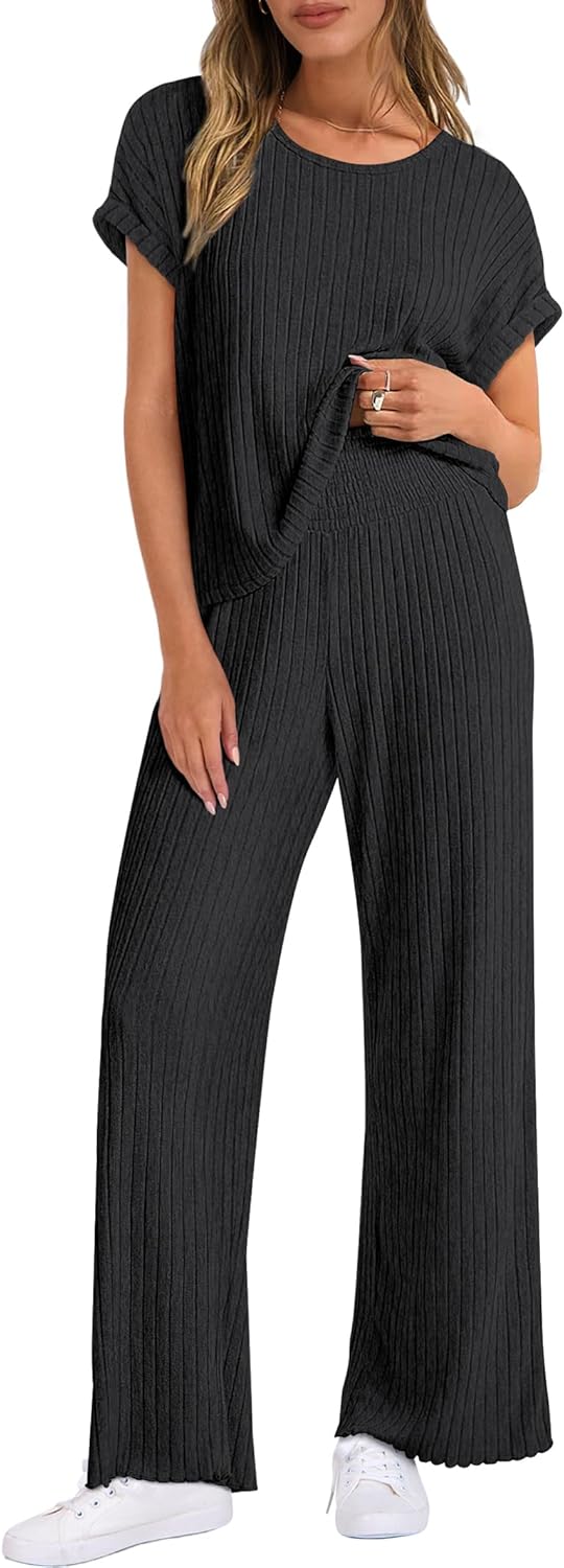 ANRABESS Lounge Sets For Women Summer Rib Knit 2 Piece Pajama Sets 2026 Casual Spring Beach Vacation Outfits Airport Clothes