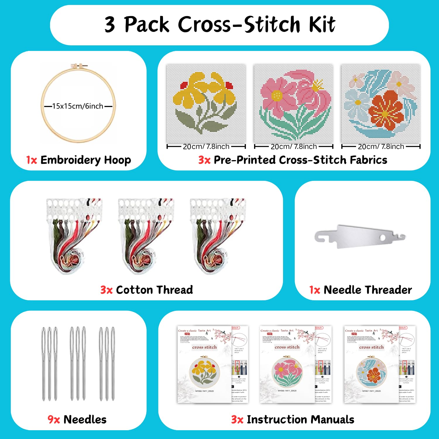 Beginner Cross Stitch Kits - 3 Pack Flower Stamped -3