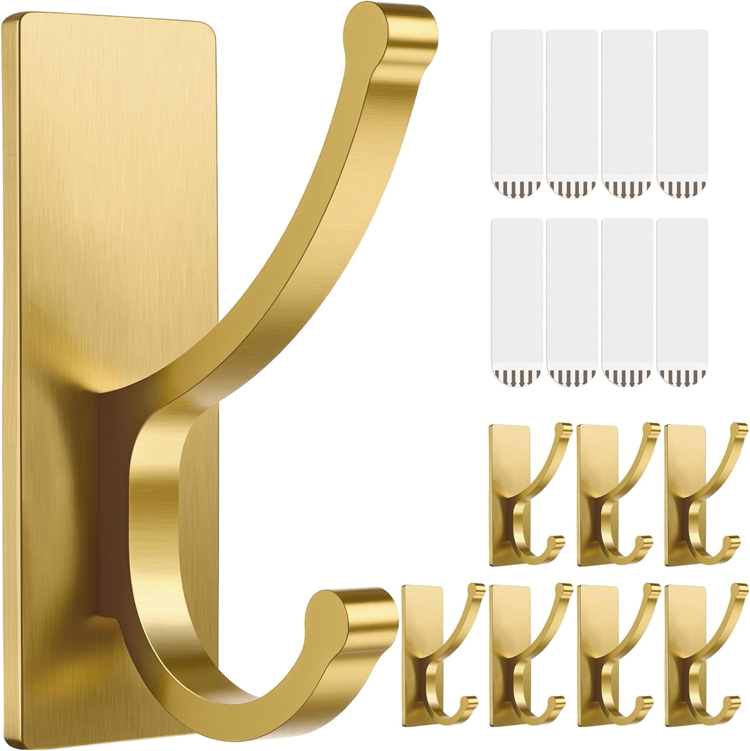 pickpiff Adhesive Wall Hooks with Strip - No Residue, Easy to Remove, Strong Heavy Duty Sticky Towel Hook, 8 Pack Brushed Gold