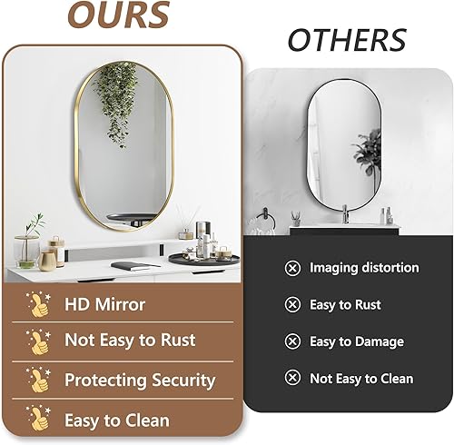 Miniatura 5 de Espejo ovalado dorado, espejo de baño ovalado de 17 x 30 pulgadas, espejo de tocador con marco de metal cepillado, espejos de montaje en pared para