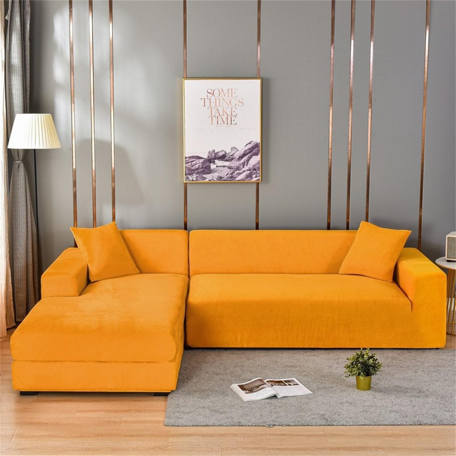 Odot Sofa Cover,Stretch Silver Fox Velvet Sofa Cover 1 2 3 4 Seater,Breathable Soft Sofa Slipcovers,for Corner Sofa Cover L Shape,Couch Cover Non Slip Furniture Protector Cover (Gold,1 Seater)