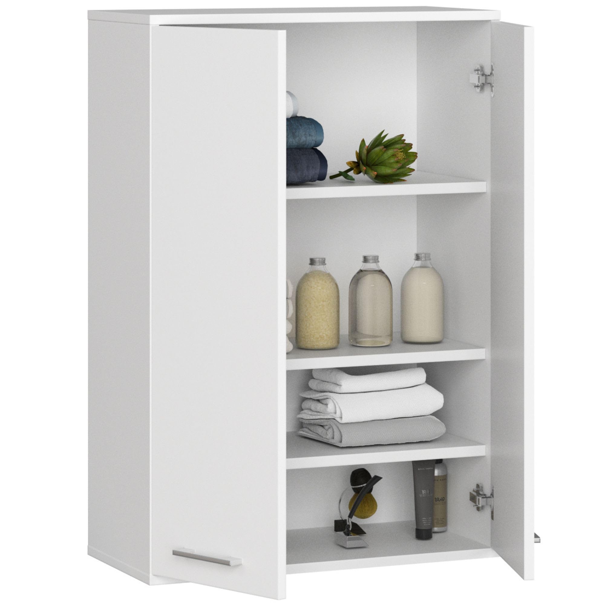AKORD Badezimmer-Hängeschrank FIN 64 cm 2 Türen B64xH94xT30 cm - mit Ablagen - Badschrank, Wandmontiert Gewicht 8,10kg Weiß & Weiß