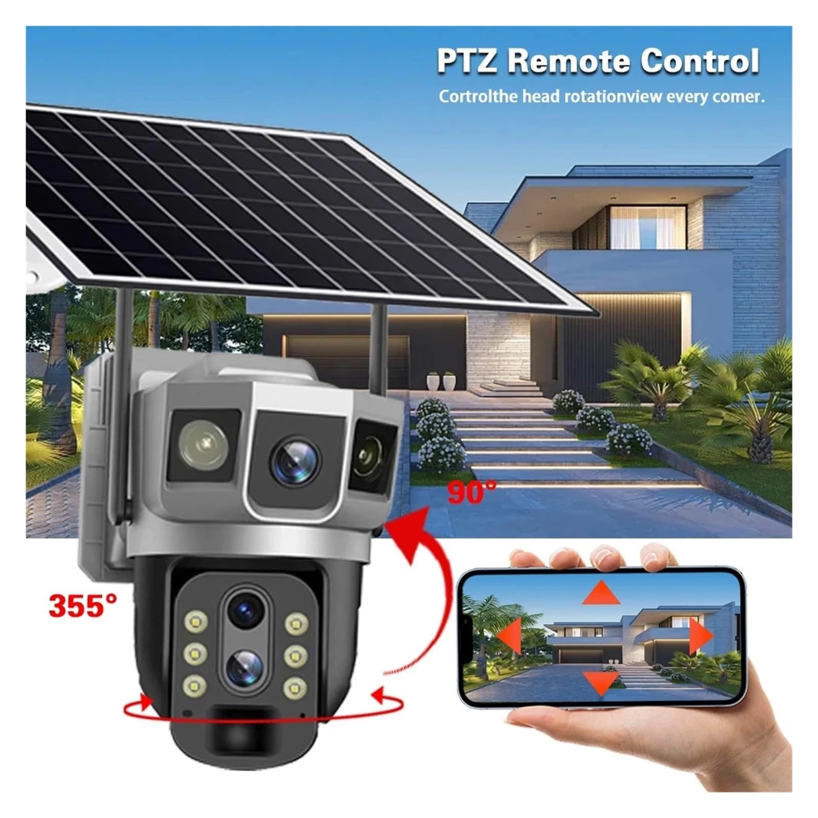 Cámara 4G de 3 Lentes, 12 MP, Tarjeta SIM 4G, cámara CCTV Solar, PTZ, Zoom 10X, for Exteriores, 3 Pantallas, batería, Seguridad, IP 4G, V380 Pro(4G Camera No Card)