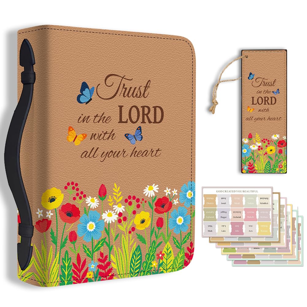 TNKBREEZE Women's Bible Cover Floral Butterflies PU Leather Book Carrying Bag with Bookmark Inspirational Bible Verse Book Case with Handle&Zipper Christian Gifts Church Study Supplies 11.2×8×2.3inch