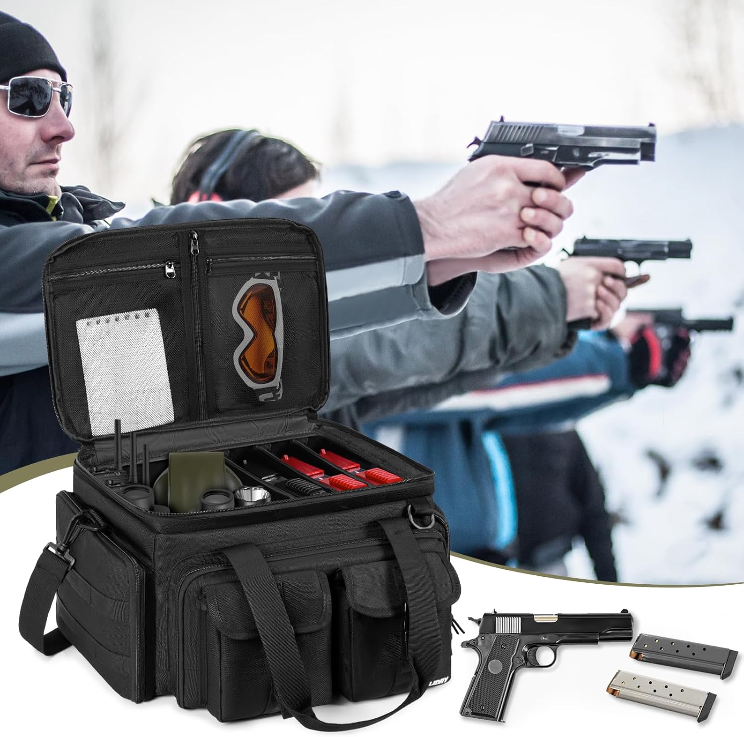 Tactical Gun Range Bag for 4 Handguns, Pistol Shooting Range Bag with 6 Magazine Slots and Multi-Pockets, Lockable Outdoor Hunting and Shooting Range Case