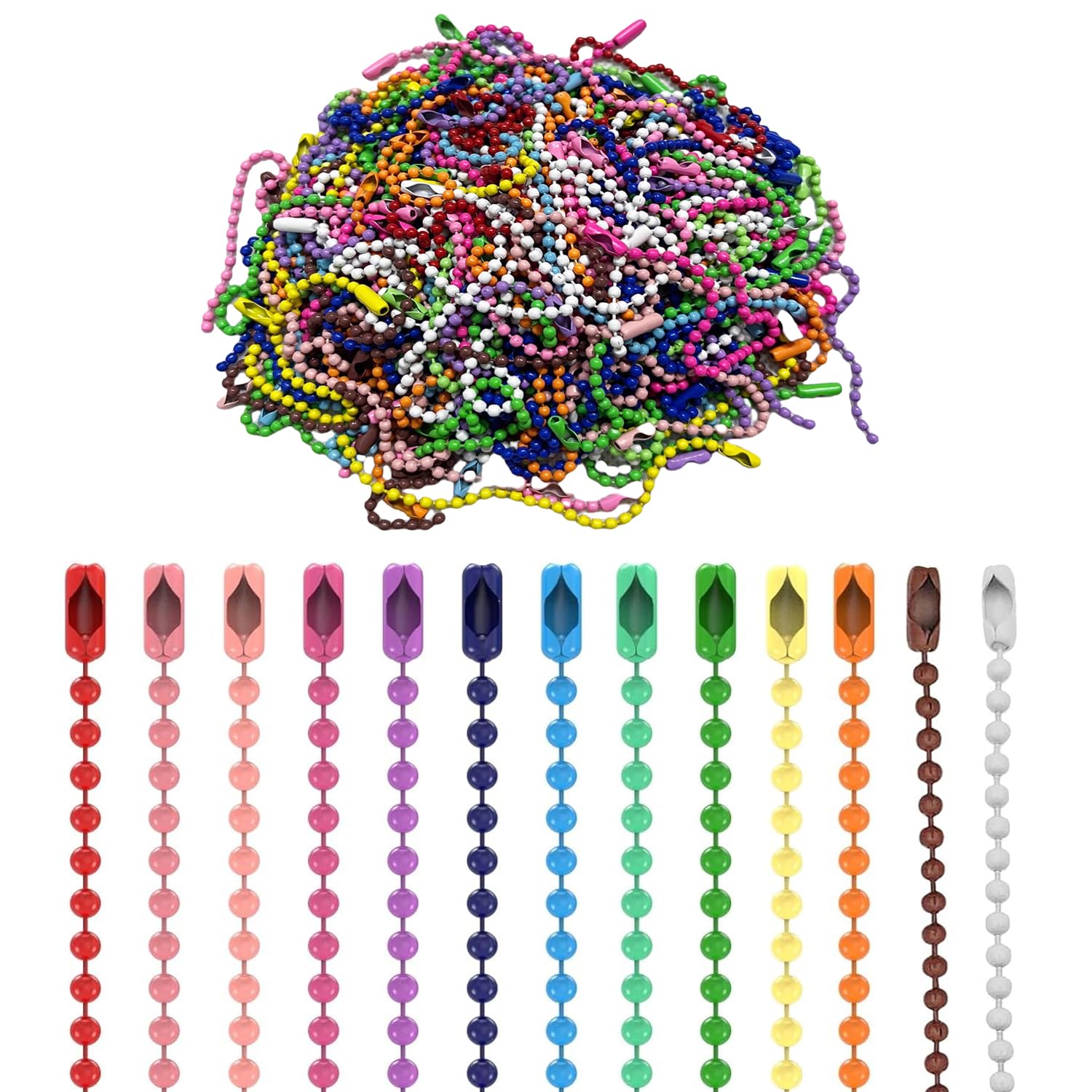 Zuaklpton 200 Pcs Ball Bead Chain Metal Keychain 2.4mm Beads Chains, Bulk Dog Tag Necklace Chains with Connectors for DIY Necklace Jewelry Making Hanging Ornament Craft (Vibrant Color)