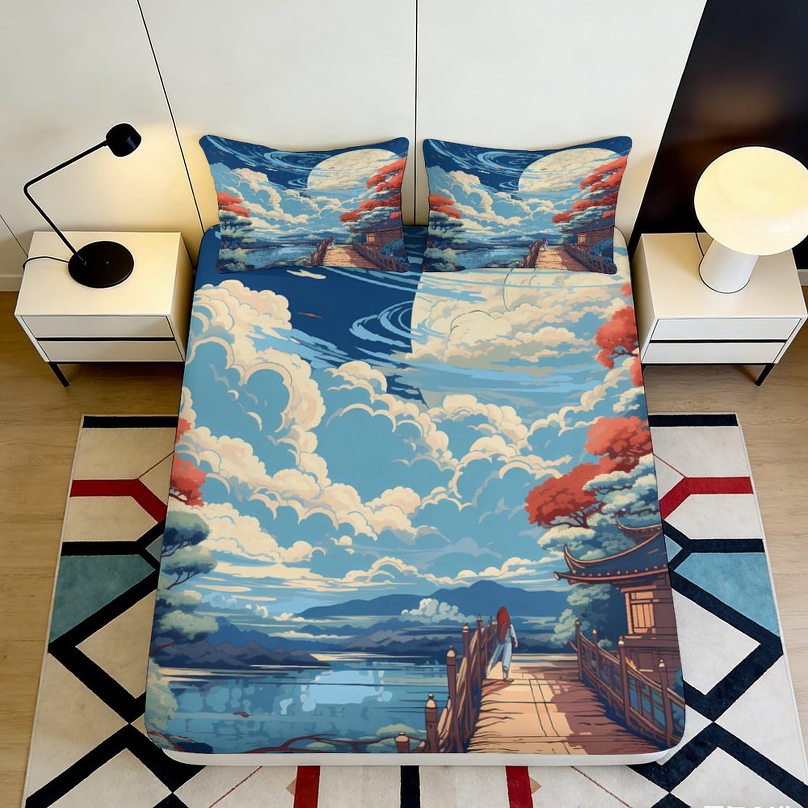 Pnayamiorkfel Style-8 3D Printed Dreamy Landscape Fitted Sheet Microfiber Soft Clouds Japanese Pavilion Mattress Cover For Bedroom Guest Room Decor 90X200x25cm