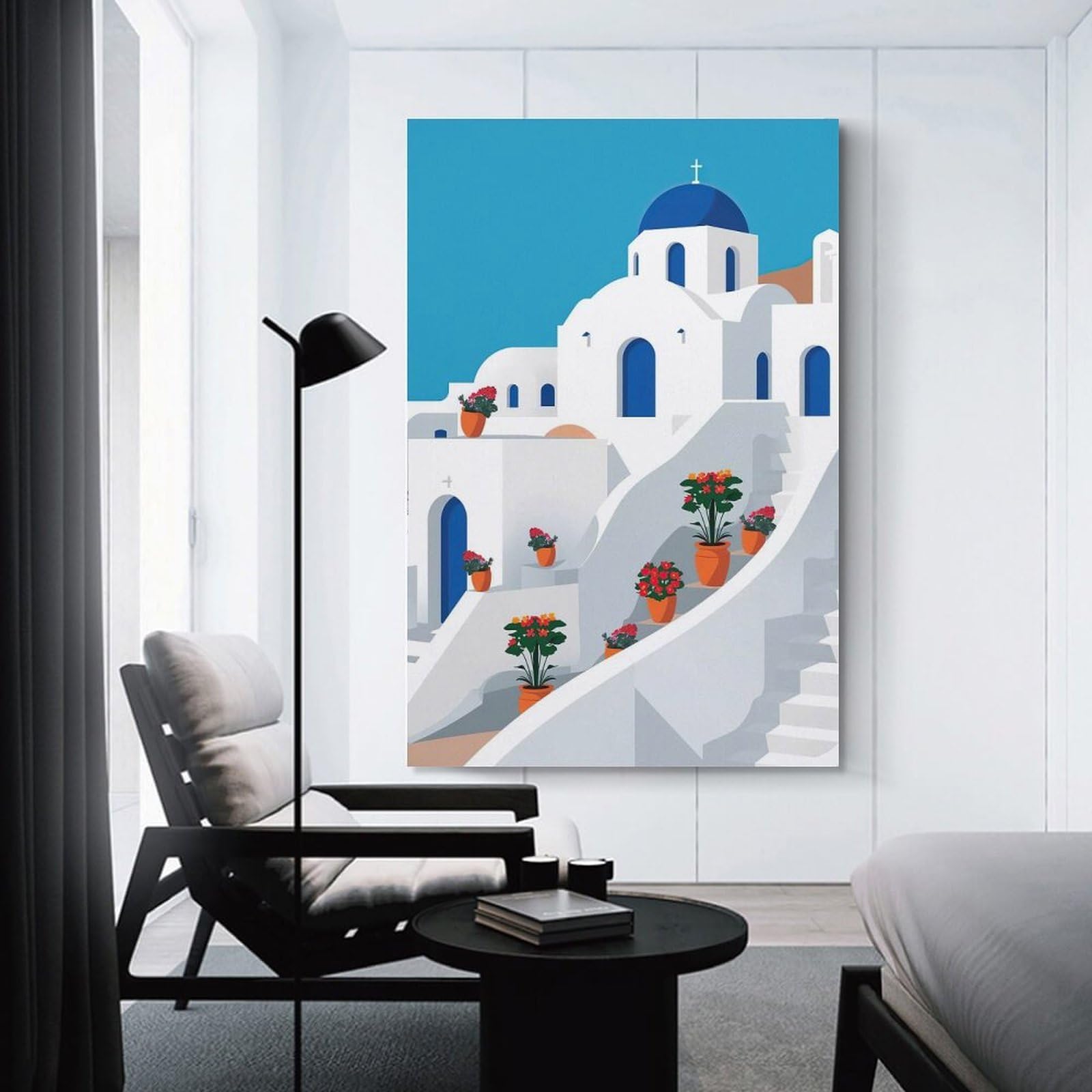Junmoney Santorini Architecture with Flowers Decorative Wall Artwork, 16x24inch(40x60cm), for New Homes, Bedrooms Or Workspaces, Gift Idea for Housewarming And Birthdays