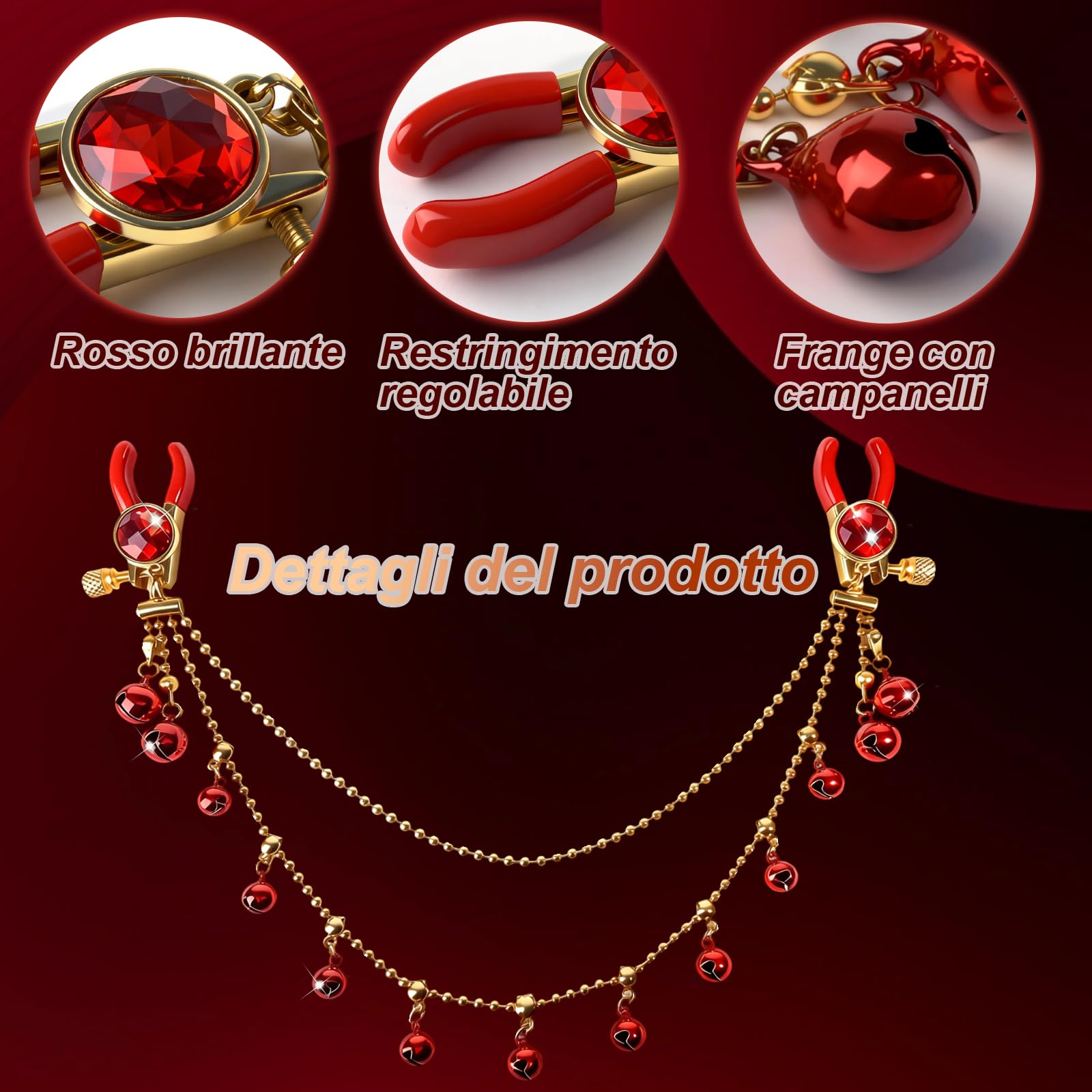Morsetti per Capezzoli con Catena Pinze Capezzoli Regolabili Clip per Capezzolis Clip Pinza per Clitoride Giocattoli Capezzolis Stimolatori del Seno Femminile Massaggiatori al Seno Donna, Rosso