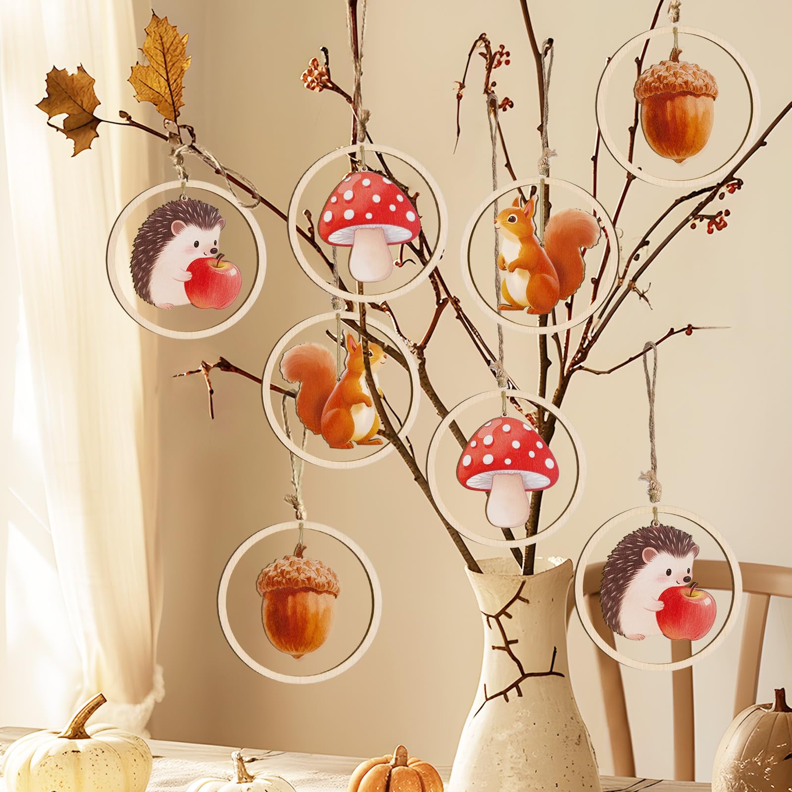 Herbstdeko Aus Holz - 9 Stück Hängende Anhänger Mit Igel, Wichtel & Blätter