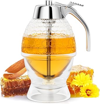 Honey Dispenser No Drip, Maple Syrup Dispenser, Honey Jar with Stand, Beautiful Honey Comb Shaped Honey Pot, Perfect Bee Decoration for Home Kitchen, 8 oz, transparent