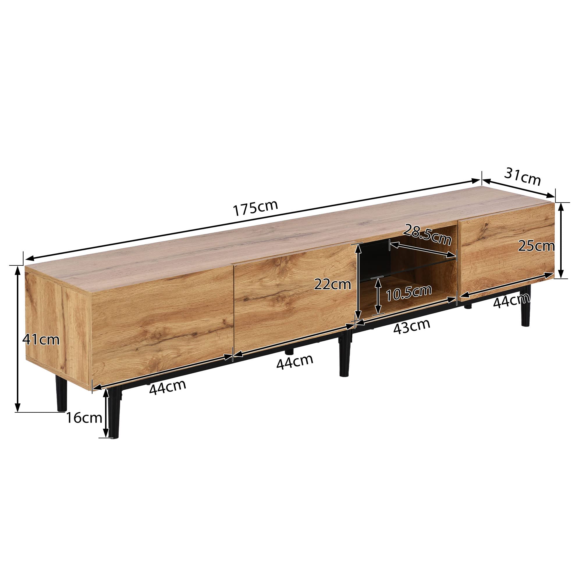 Shye Mueble de TV moderno con vetas de madera, luces LED variables, 175 x 31 x 41 cm
