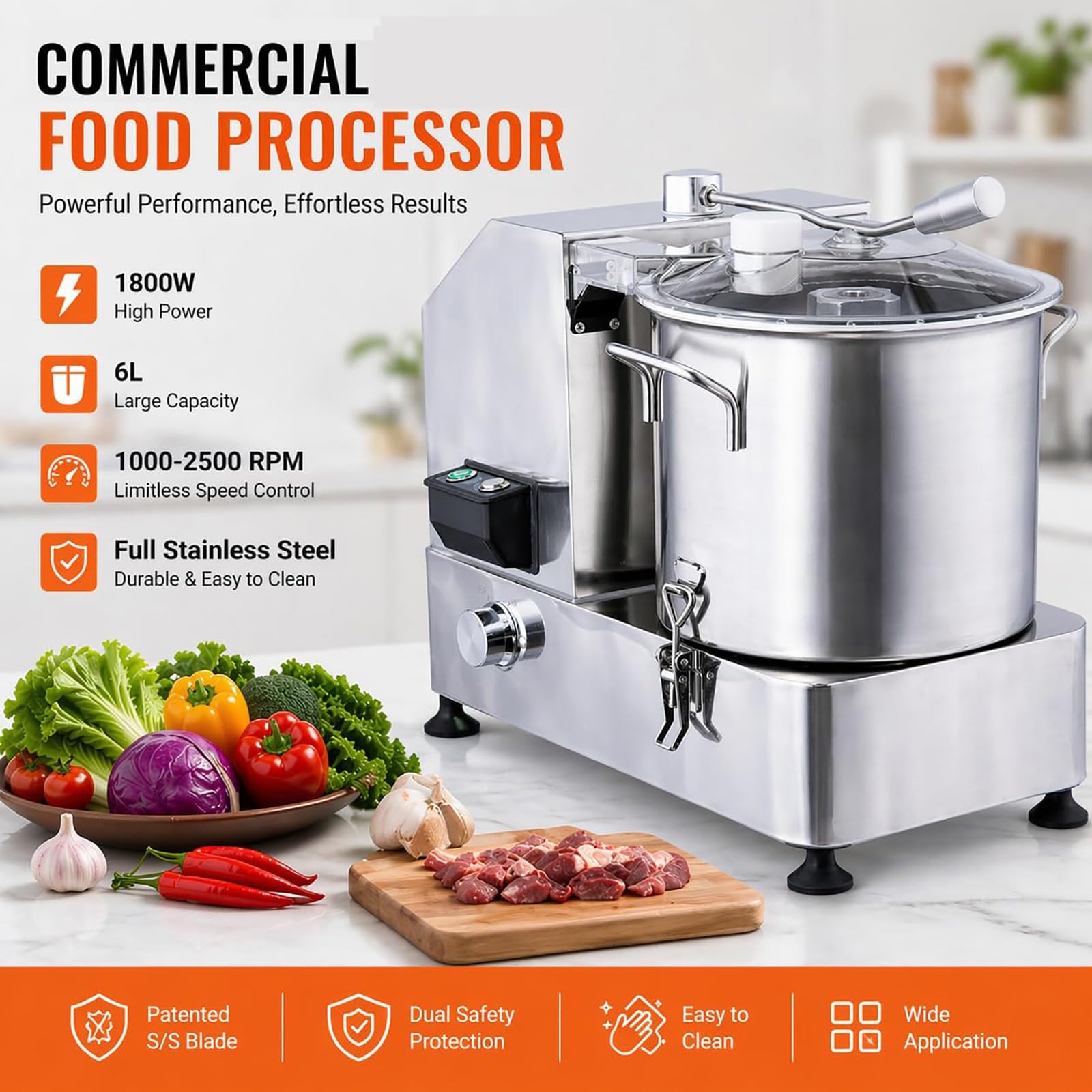 Procesador de alimentos comercial de 6 L, 1800 W, picador eléctrico para carne, verduras, frutas, frutos secos, granos, hielo, acero inoxidable, 1000-2500 RPM, electrodoméstico de cocina