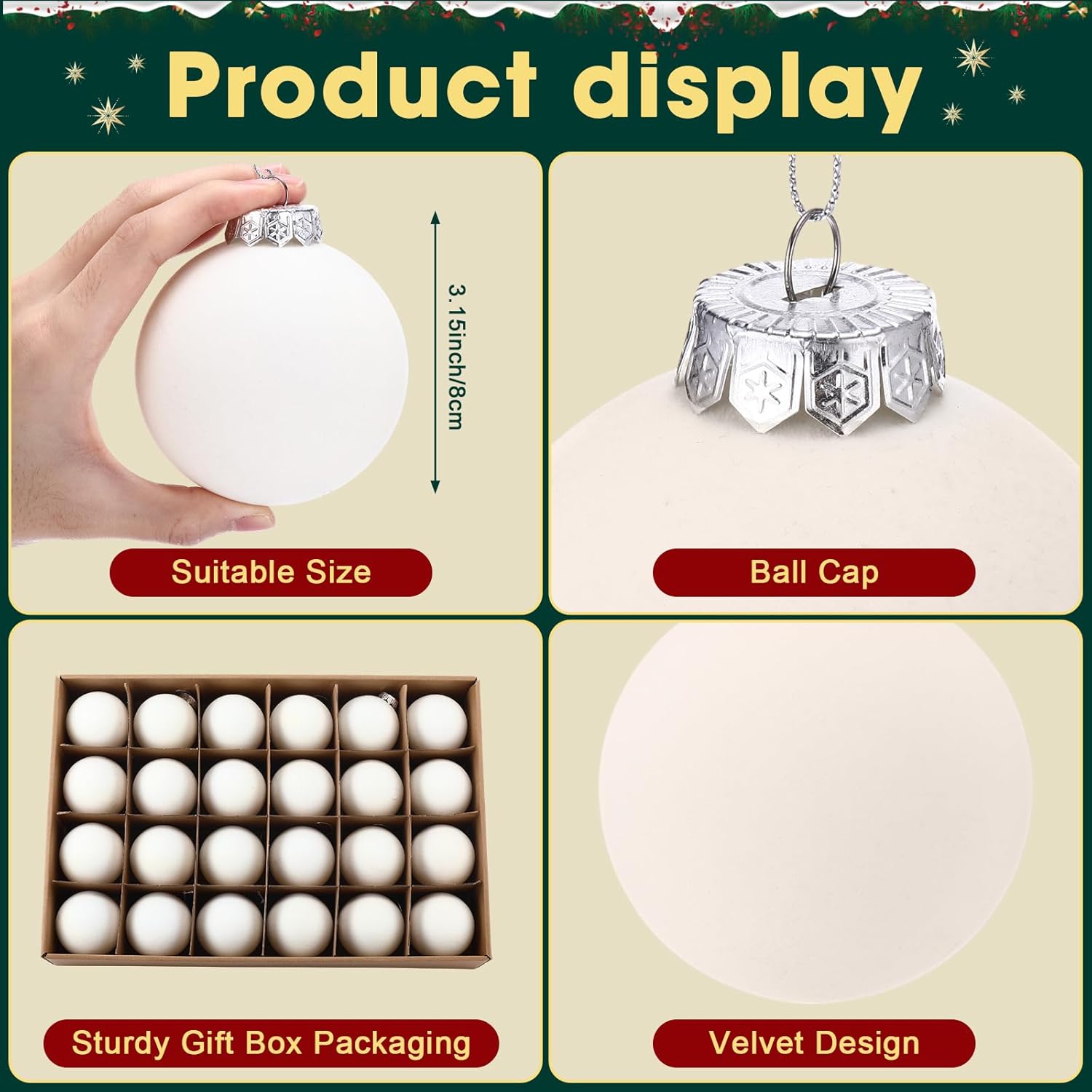 hollowfly 48 pcs velvet christmas balls bulk 3.15 inch flocked ball ornaments xmas plastic decorative hanging ornaments for holiday party christmas tree decorations (cream) cream 48
