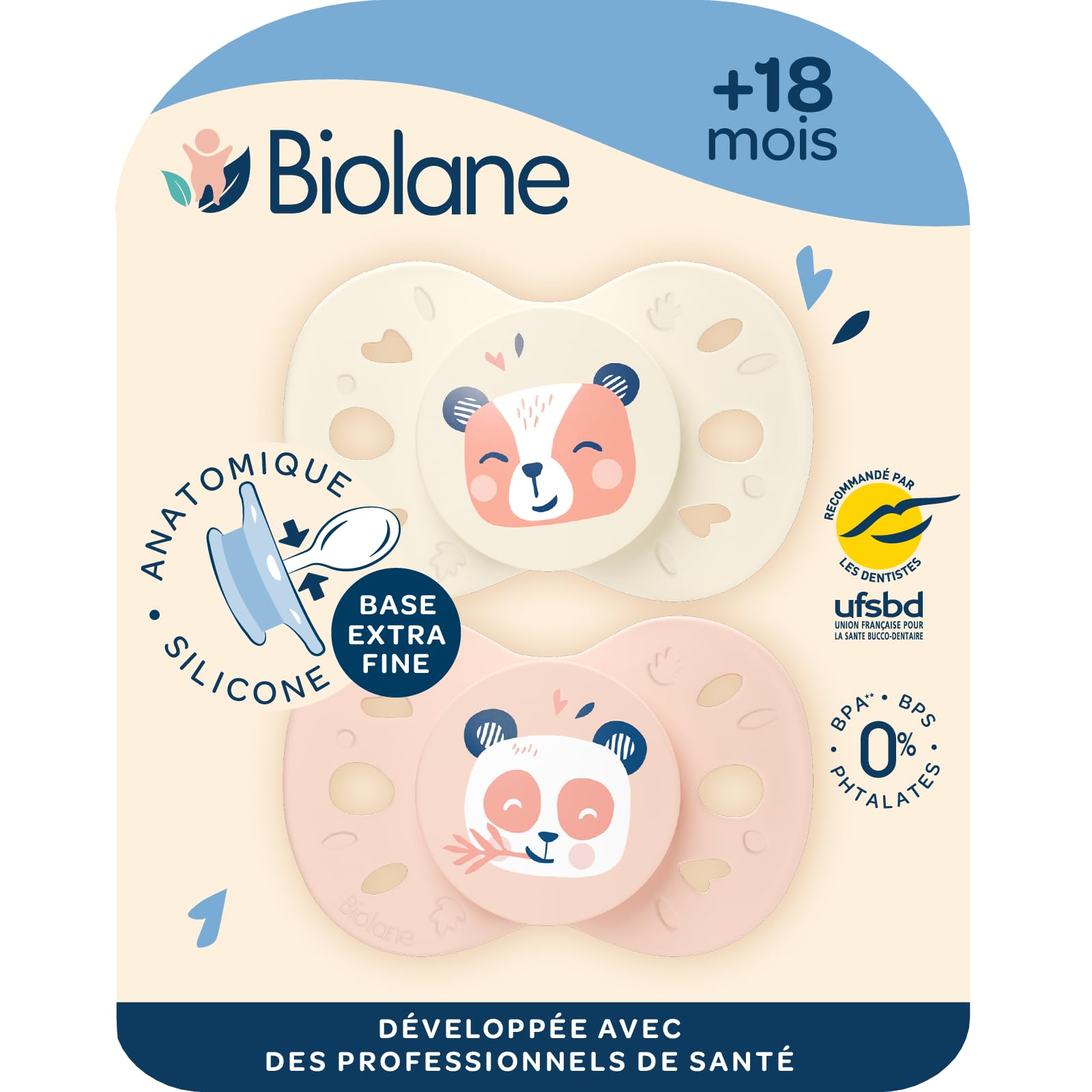 BIOLANE - Anatomical Animal teats - Extra-fine Pacifiers - 18 Months and up - Pink and Beige- Flat and Reversible Teat- Optimal Comfort- Respect for Oral Development- Renewable Materials