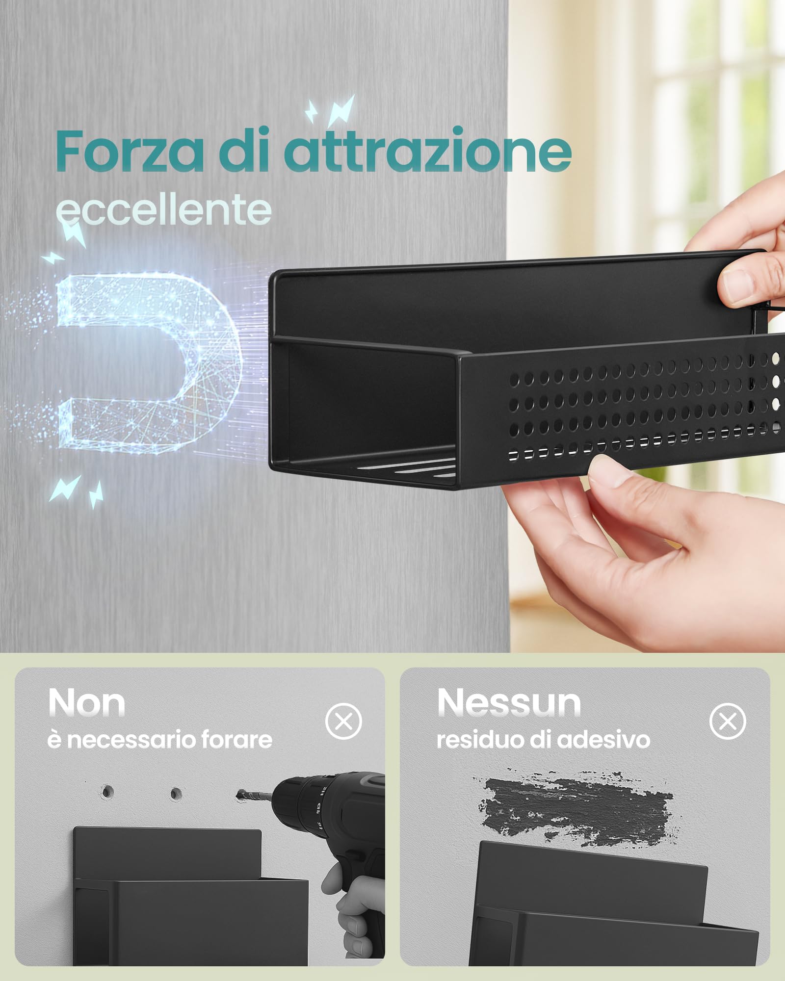 SONGMICS Portaspezie Magnetico, Set di 4, 2 Scaffali Grandi e 2 Piccoli, Mensole Magnetiche senza Forare, per Cucina Frigorifero Microonde Lavatrice, Nero Inchiostro KCS061B01