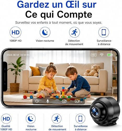 Camera Espion, Mini Caméra de Surveillance WiFi HD 1080P, avec Vision Nocturne Détection de Mouvement, Accès à Distance et Enregistrement Continu,Sans Fil Micro Caméra pour Voiture/Maison/Enfants - 7