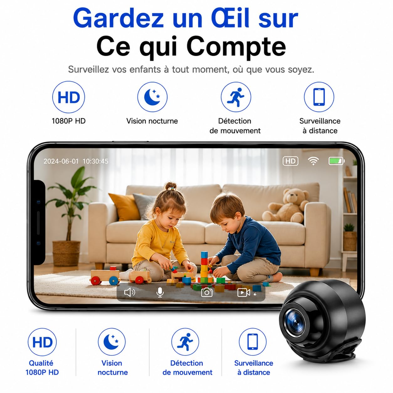 Mini Caméra Espion WiFi HD 1080P Caméra Cachée Sans Fil Vision Nocturne Détection de Mouvement Accès à Distance Enregistrement Continu Surveillance Intérieure Maison