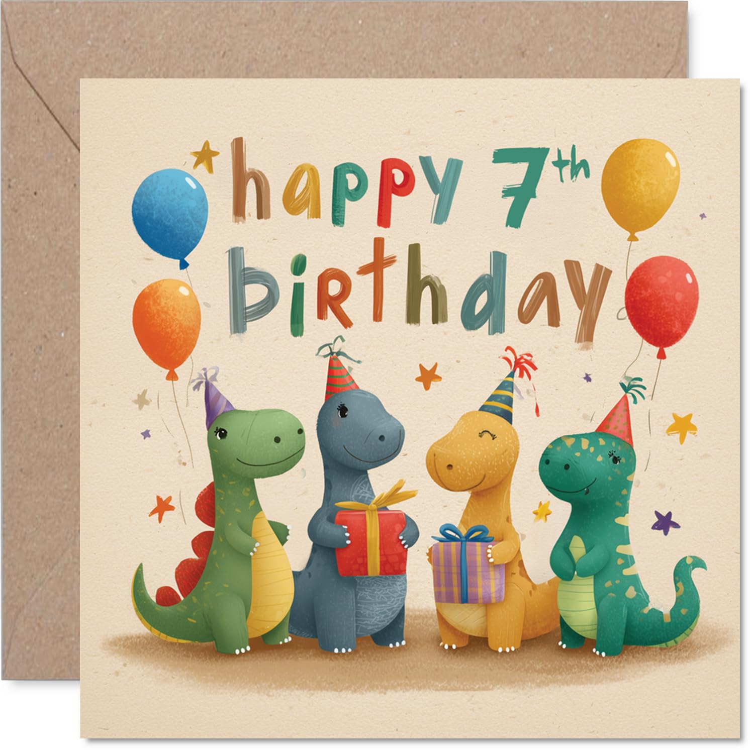 Playful 7th Birthday Card - Roaring into Seven - Colourful Dinosaurs with Party Hats, Balloons and Gifts - Bursting with Birthday Fun - 145mm Square, Envelope Included