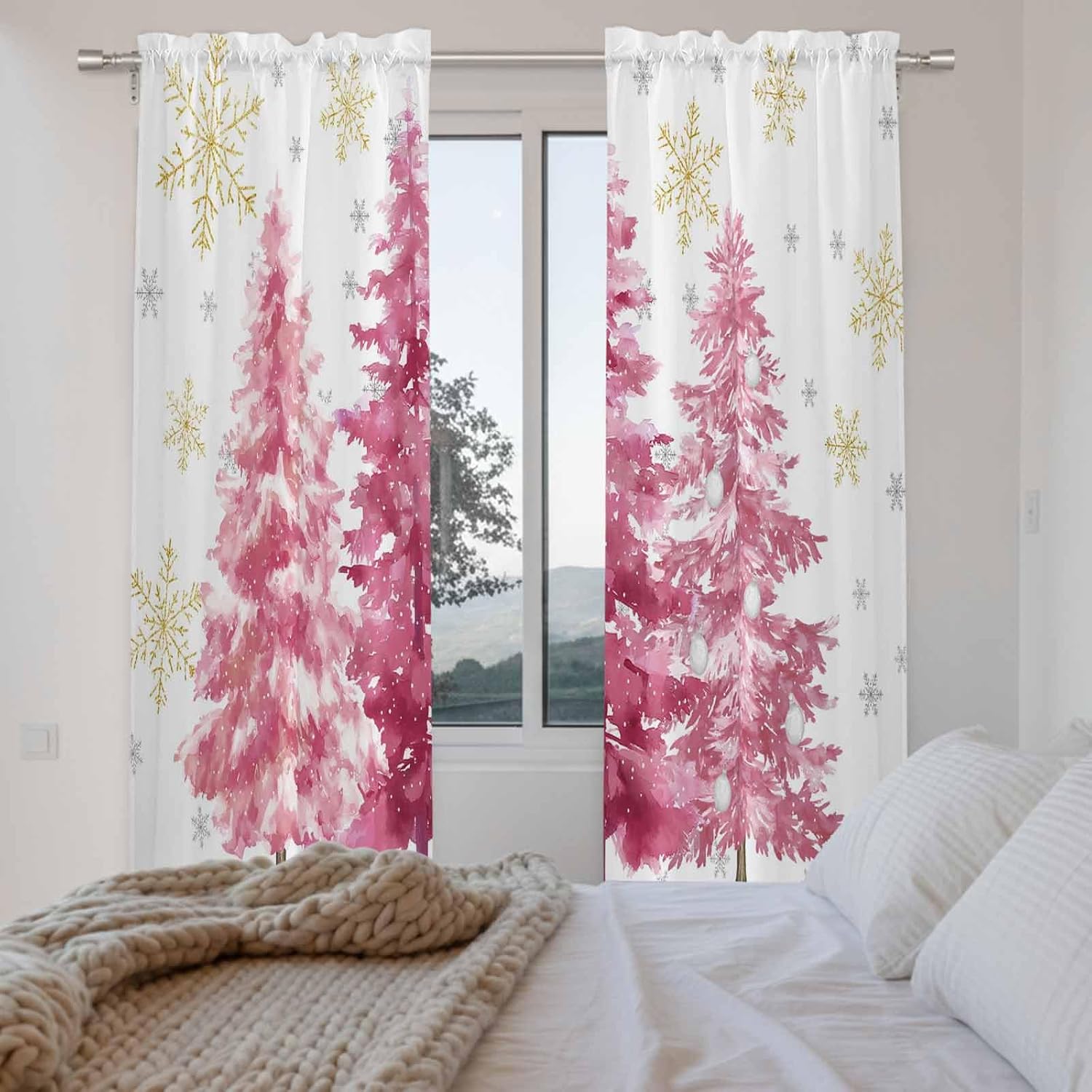 Pink Trees Christmas Window Curtains 72 Inch Long 2 Panel Set, Rod Pocket Long Curtains & Drapes, Xmas Tree Snowflake Winter Light Filtering Window Treatment for Bedroom Living Room 52"W x 72"L