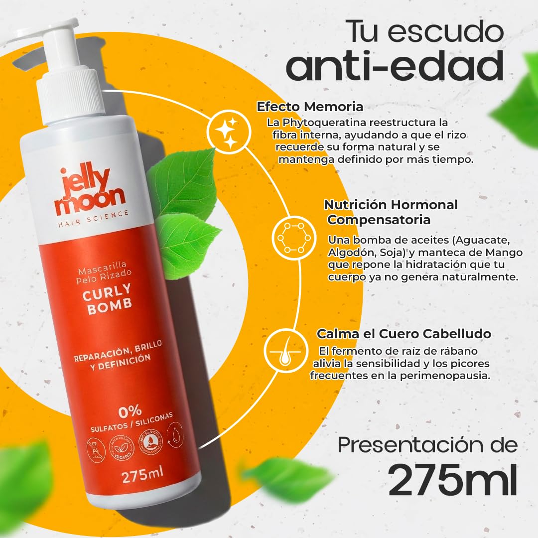 CURLYBOMB Mascarilla Intensiva Definidora para Rizos +40 | Anti-Frizz, Brillo y Reparación | Sin Sales ni Siliconas | Fórmula Vegana | 275ml