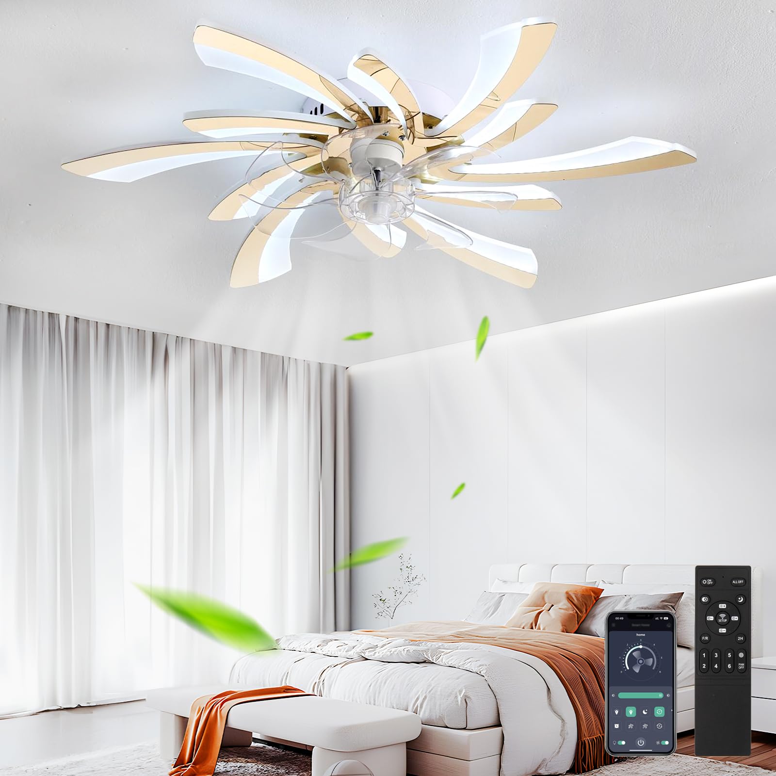 SXDMOUBK 78CM Ceiling Fans with Lights Memory 6 Speed Reversible Living Room Fan Light Ceiling with Remote and APP Dimmable Silent Light Fan Ceiling Modern Creative Bedroom Lounge-Gold