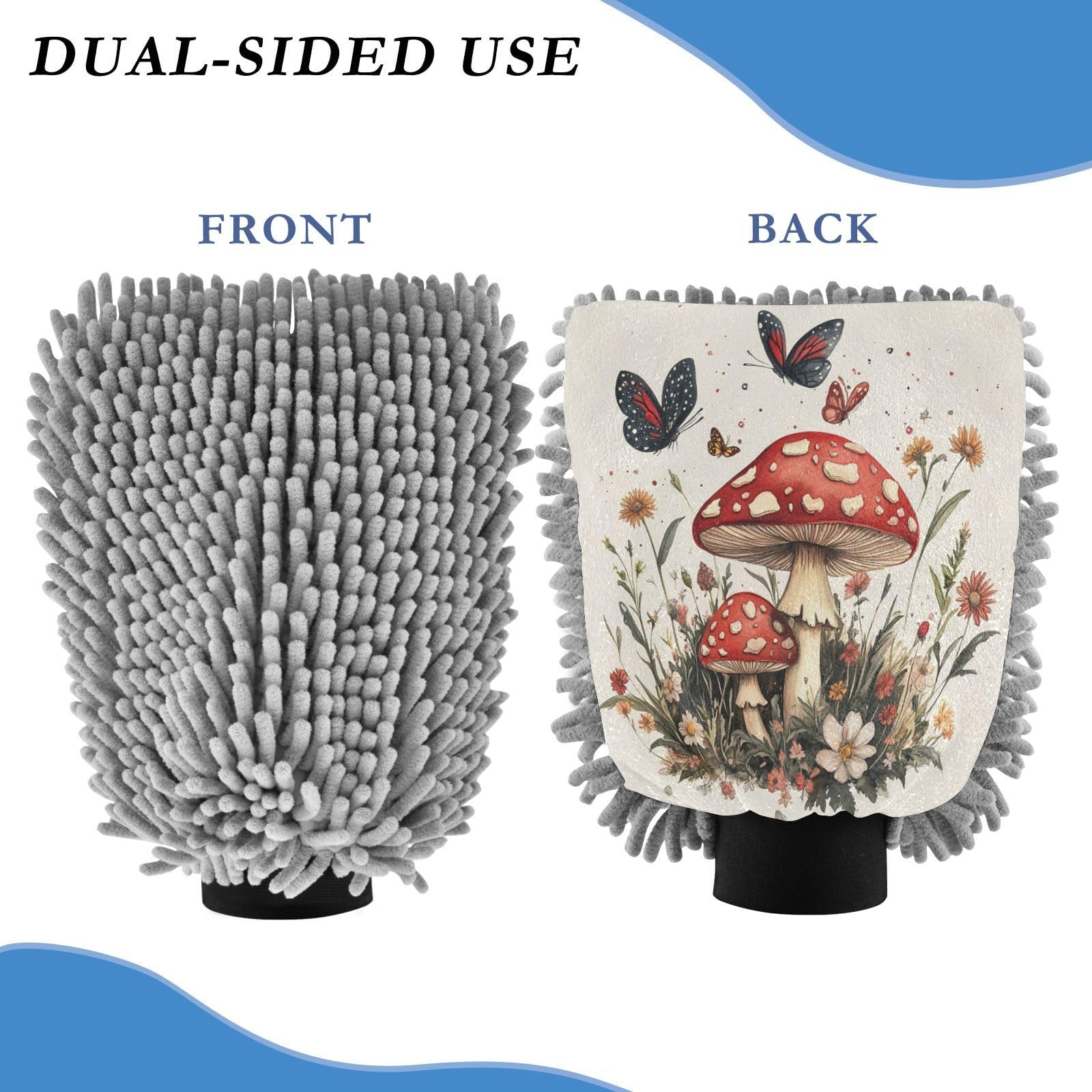 STAYTOP Mushrooms and Daisy Butterflies Car Wash Mitt Microfiber, 2Pcs Scratch Free Lint-Free, Premium Chenille Microfiber Mitt Car Wash Brush-M