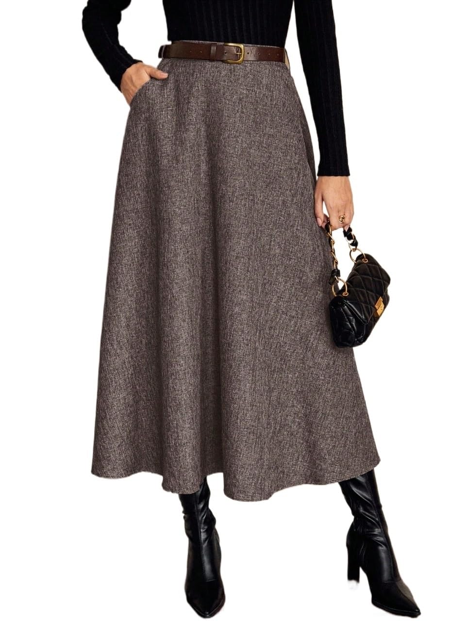 Womens Trendy Elegant High Waist Skirt with Pockets Loose A-Line Casual Midi Skirt