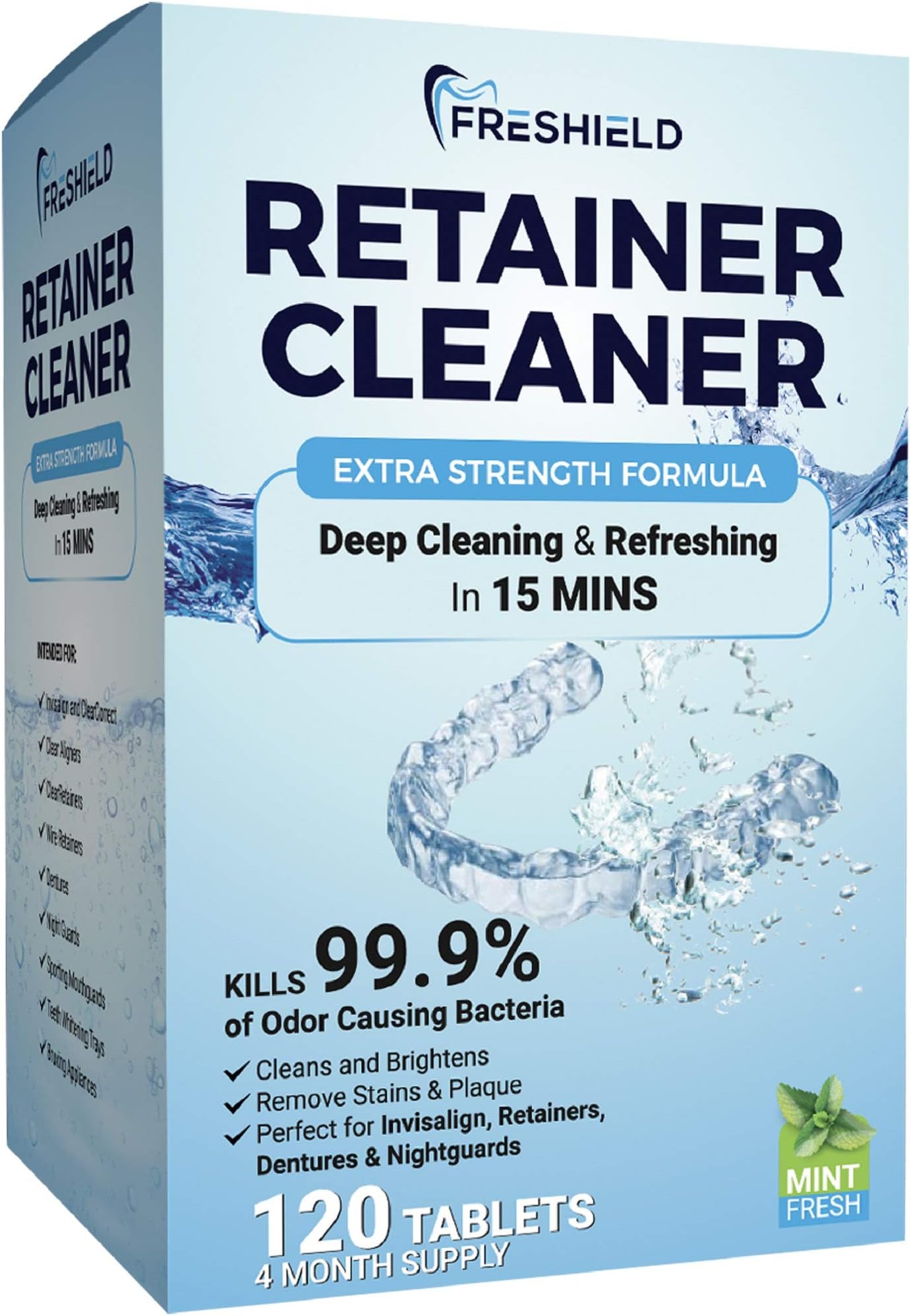 FRESHIELD Retainer & Denture Cleaner Tablets 120 pcs - Remove Stain Plaque Odor, Compatible with Invisalign, Dentures, Retainers, Mouth Guards, Teeth Straightener Aligner, Night Guards, Dental Guards