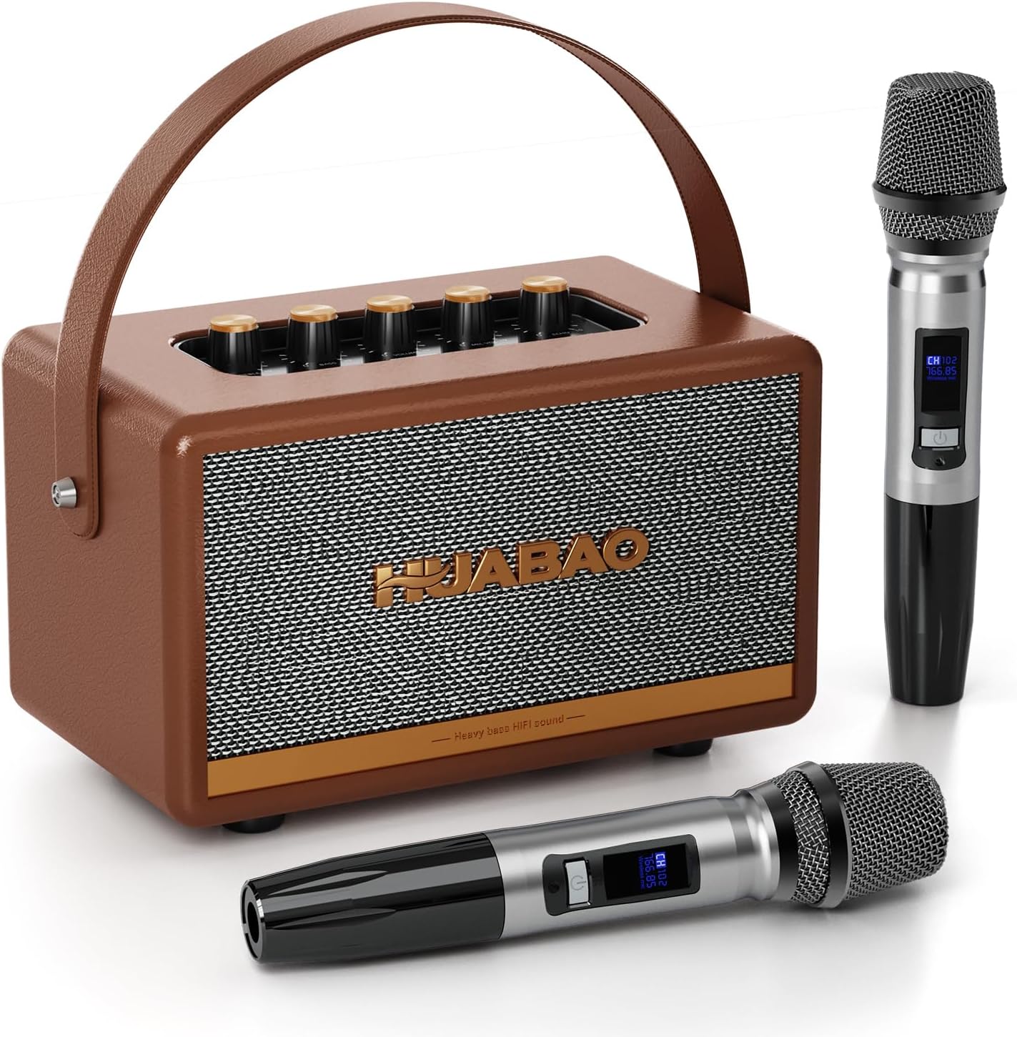 Retro Karaoke Machine with 2 Rechargeable Microphones, Wireless Loud Bass Bluetooth Speaker for Adults, Support USB/TF/AUX/RCA, Portable PA System for Home Party, Vintage Decor, Gift (Brown)