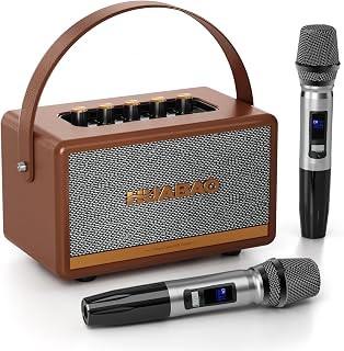 Retro Karaoke Machine with 2 Rechargeable Microphones, Wireless Loud Bass Bluetooth Speaker for Adults, Support USB/TF/AUX/RCA, Portable PA System for Home Party, Vintage Decor, Gift (Brown)