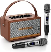 Retro Karaoke Machine with 2 Rechargeable Microphones, Wireless Loud Bass Bluetooth Speaker for Adults, Support USB/TF/AUX/RCA, Portable PA System for Home Party, Vintage Decor, Gift (Brown)