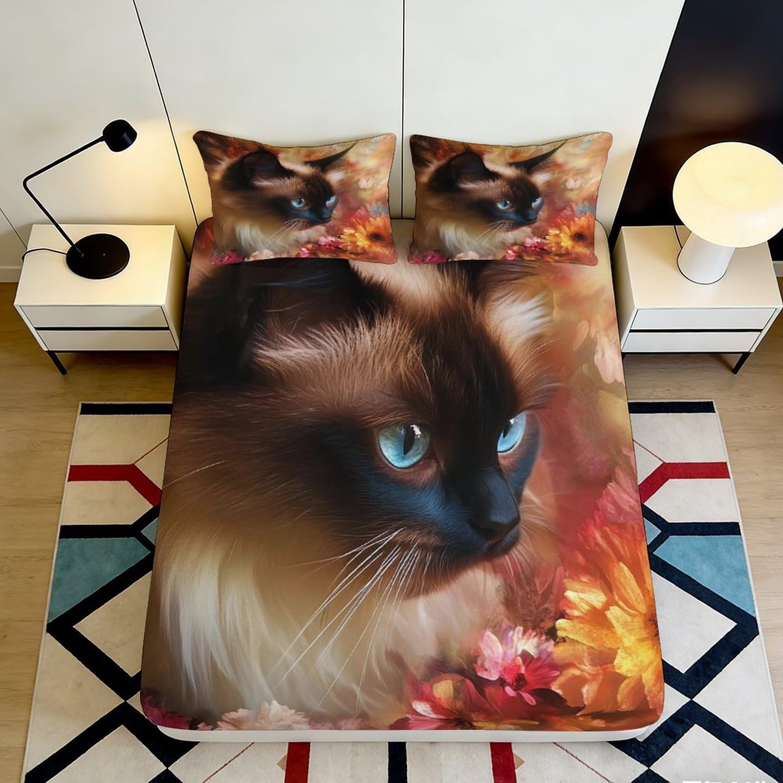 3D Printed Blue-Eyed Cat Fitted Sheet Microfiber Bedroom Decor Autumn Flowers Mattress Cover for Home Guest Room 90x200x25cm