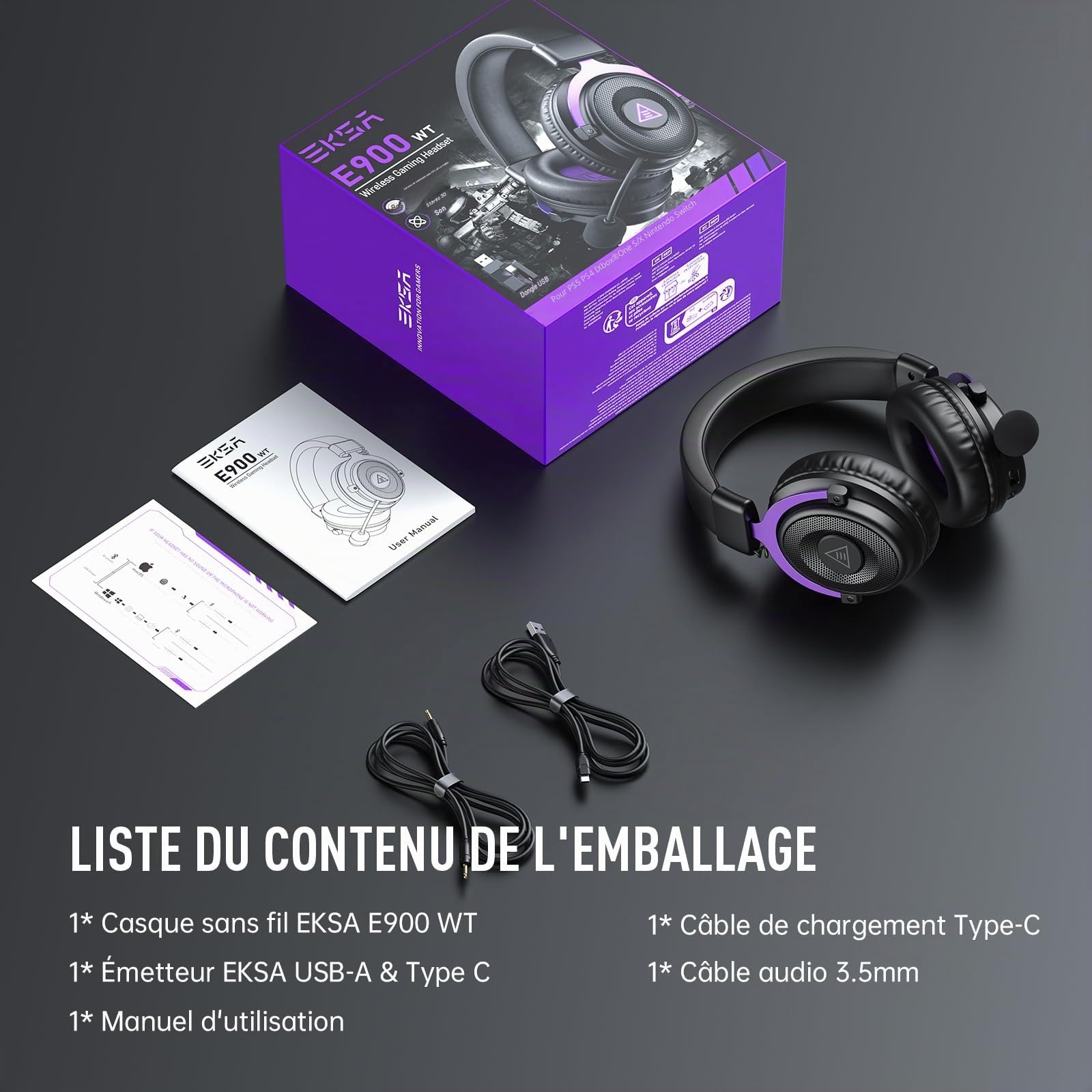 EKSA E900WT Casque Gaming sans Fil PS5/PS4/PC, Casque Gamer Bluetooth 5.3, 2.4GHz USB&Type-C Latence 30MS, Casque avec Micro Anti-Bruit Rétractable, Batterie 80H, LED pour Switch/Laptop/Mac/Mobile