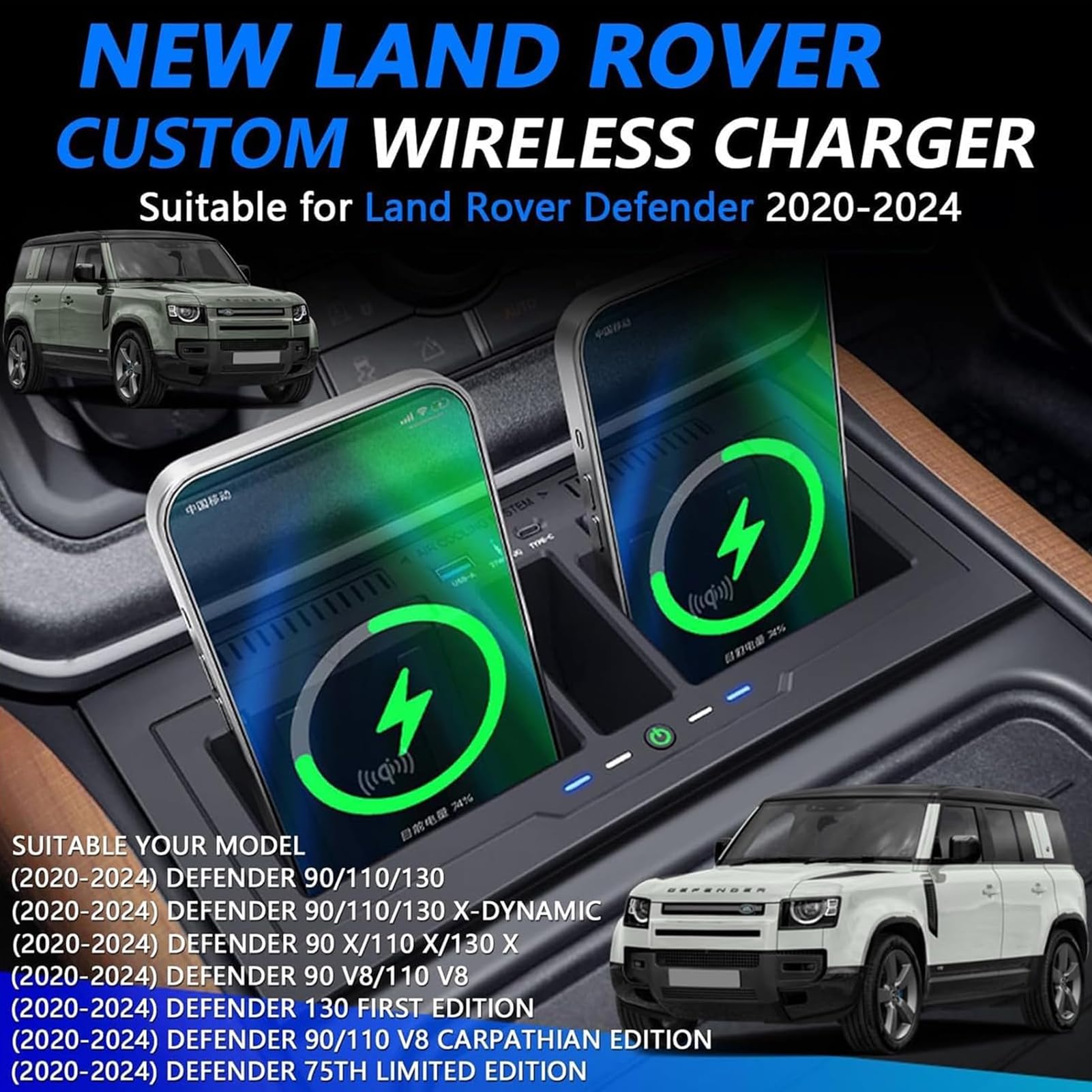 Bezprzewodowa ładowarka Samochodowa do Land Rover Defender 90 110 130 (2020-2024) Akcesoria Bezprzewodowa Podstawka do ładowania Telefonu 15W, Ładowarka Qi do Telefonu