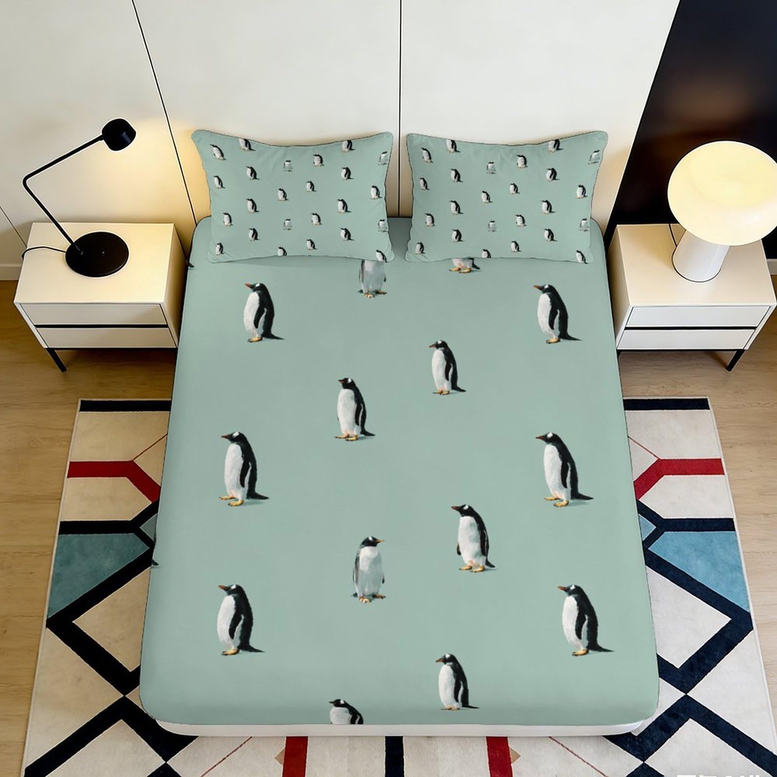3D Printed Penguin Microfiber Deep Pocket Fitted Sheet Non-Slip Bedroom Bedding Penguin Mattress Fitted Cover Washable for All Ages Home 90x200x25cm