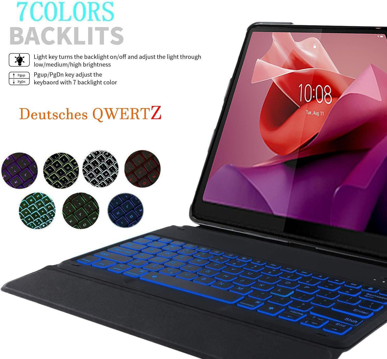 Funda con teclado para tablet Oppo Pad Air 5 de 12,1 pulgadas, [QWERTZ alemán] funda ultradelgada con iluminación de 7 colores teclado inalámbrico con funda protectora, rosa