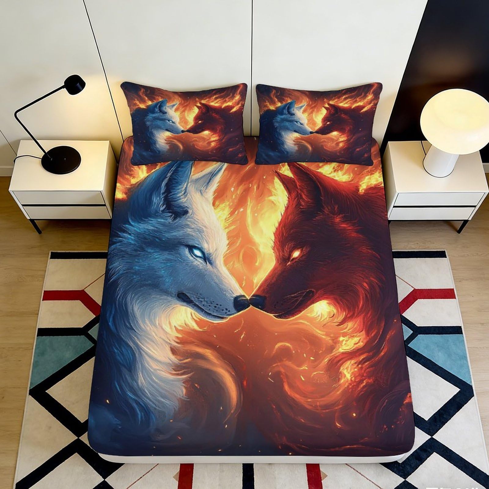 3D Printed Wolf Fire Fitted Sheet Microfiber Soft Mattress Cover for Adults Youth Bedroom Dorm Decor Dustproof 90x200x25cm