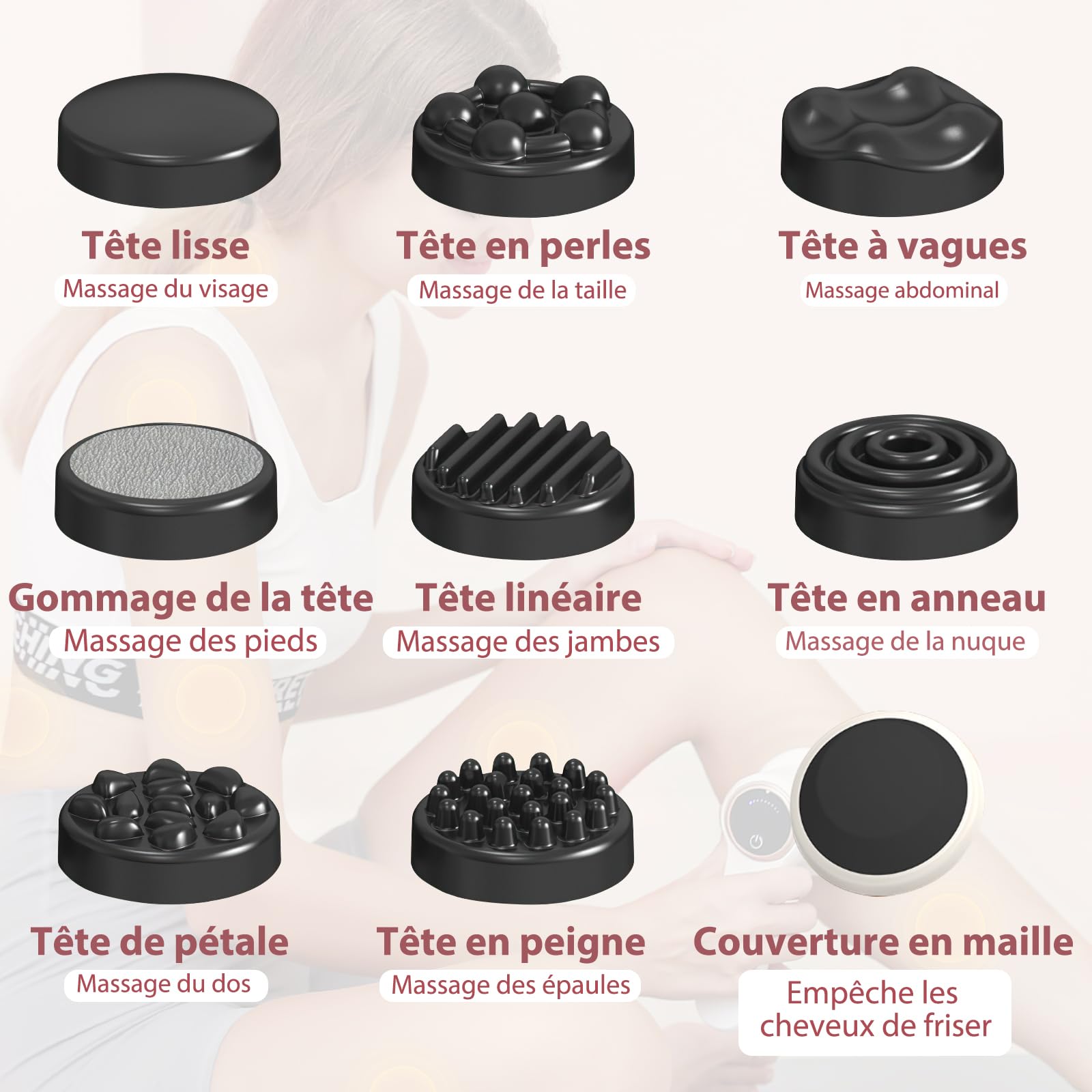 Masseur électrique cellulite anti-cellulite portable avec 8 accessoires interchangeables formes tonifiées soulage la fatigue des épaules taille abdomen fessiers jambes