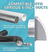 Vista 6 de Cubierta de ventilación de escape de 6 pulgadas, HG Power cubierta de ventilación de secadora de acero inoxidable para exteriores con pantalla
