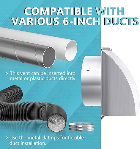 Miniatura 6 de Cubierta de ventilación de escape de 6 pulgadas, HG Power cubierta de ventilación de secadora de acero inoxidable para exteriores con pantalla