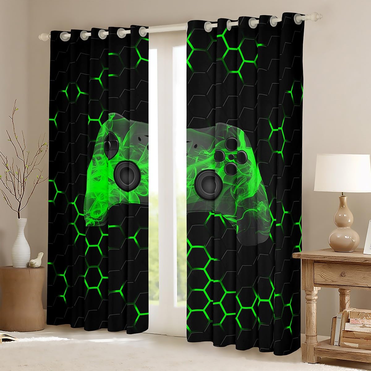 Homewish Gamer Gaming Fenstervorhänge für Jungen Geometrisches Wabenmuster Sechseck Vorhänge Kinder Cool Spielen Vorhang Videospiel Gamepad Ösenvorhänge für Spielzimmer Grün Schwarz 175x140, 2 Paneele