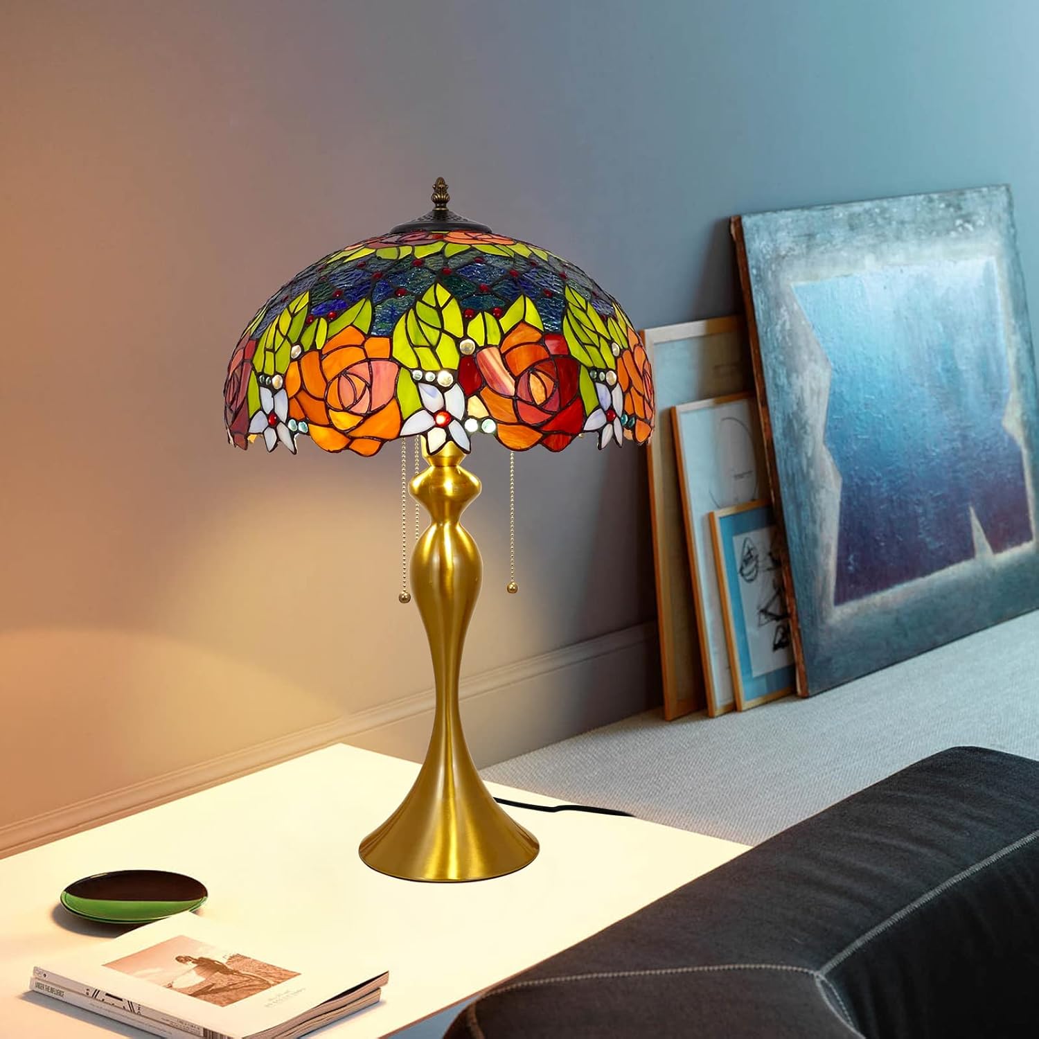 Tiffany Table Lamp Handmade Stained Glass Desk Lamps Gifts Iron Art Base 16" Wide 24" Tall Double Color Roses Style Vintage Reading Lamp for Office, Living Room, Bedroom, Study Room