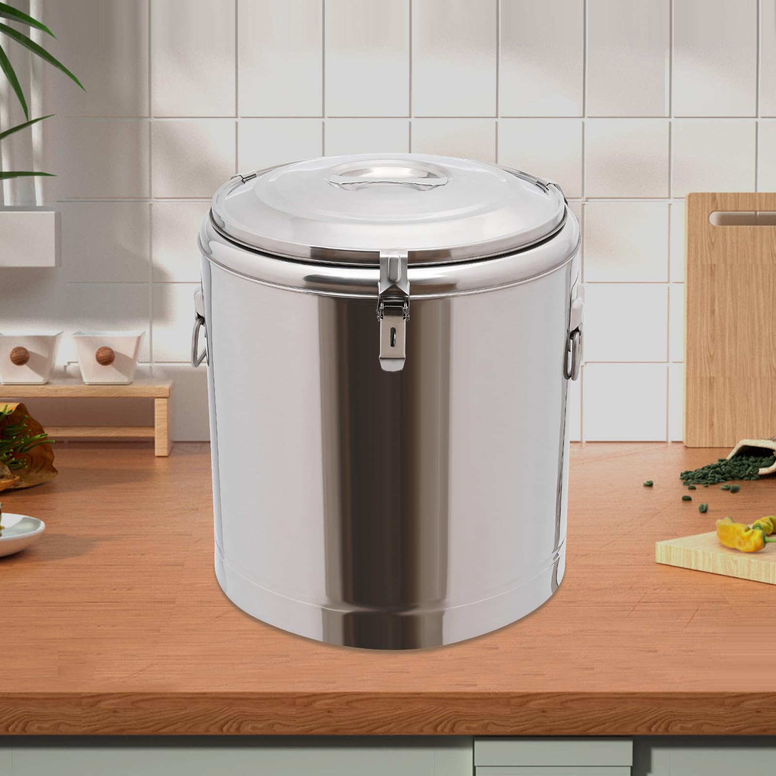 Profi Thermobehälter Edelstahl mit Tragegriffen, Deckel, Gummiring & Spannverschluss, Isolierter Gastro Warmhaltebehälter transportfähig für Speisen & Getränke, hält 8h kalt & warm (32L)